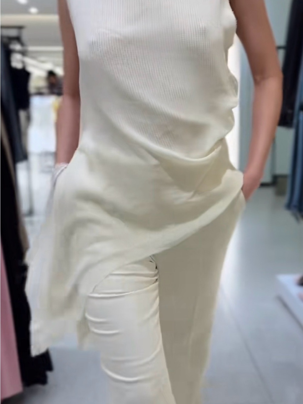 Zara Cream Ribbed Tank & Slim Trousers Set